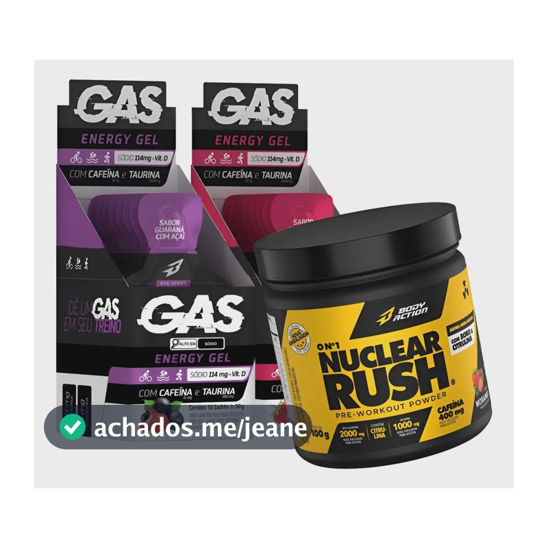 Pré Treino Nuclear Rush 100g + 2x Gas Energy Gel 20 Sachês Sabor Morango