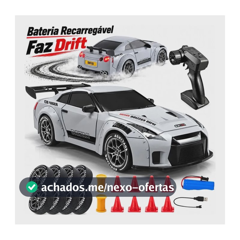 Carrinho Controle Remoto Faz Drift Bateria Recarregavel 4x4 Nissan Gtr R35 Atacarejo Kids Completo Troca Rodinhas Cones Barril