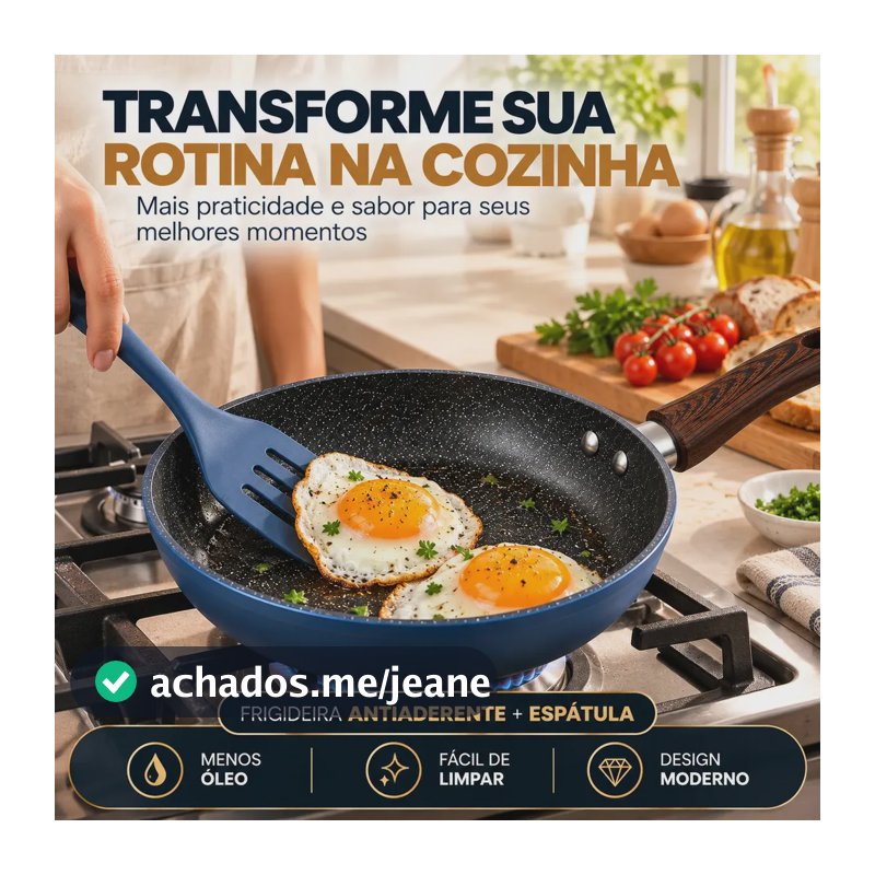 Frigideira Antiaderente 24cm Preta Granito com Espátula azul Cabo Amadeirado para Indução Gás Elétrico e Vitrocerâmico