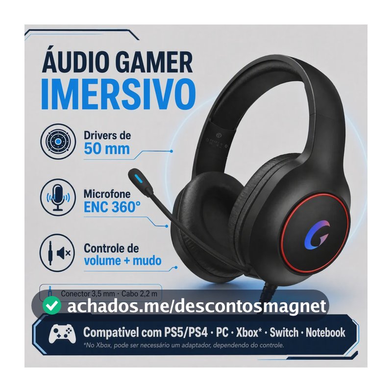 Headset Gamer OFVI C72P com Microfone Flexível e Luz LED para Xbox e PlayStation