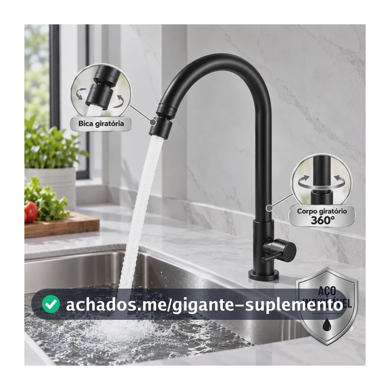 Torneira para Cozinha Inox Preta Fosca de Bancada Água Fria Bica Alta e Corpo Giratórios