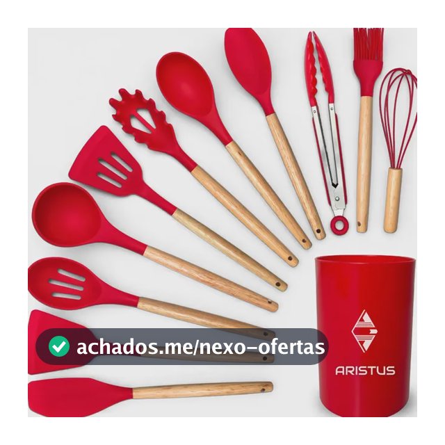 Kit 12 Utensílios De Cozinha Em Silicone Premium Com Cabo De Madeira Aristus Resistentes Ao Calor Até 220°c, Antiaderentes, Duráveis E Modernos Cor Vermelho