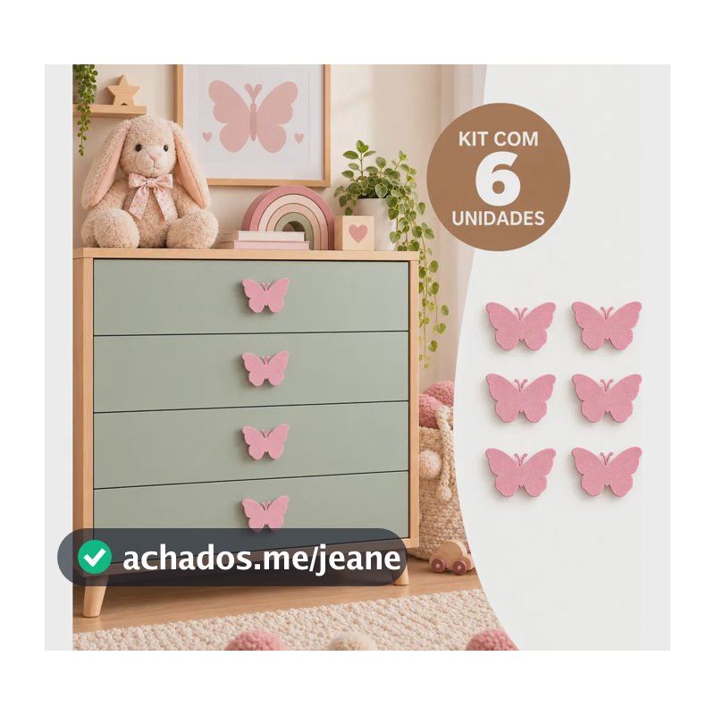 Kit Puxadores Borboleta Gaveta Comoda Quarto Infantil Menina Kit 6 Unidades Rosa Bebe
