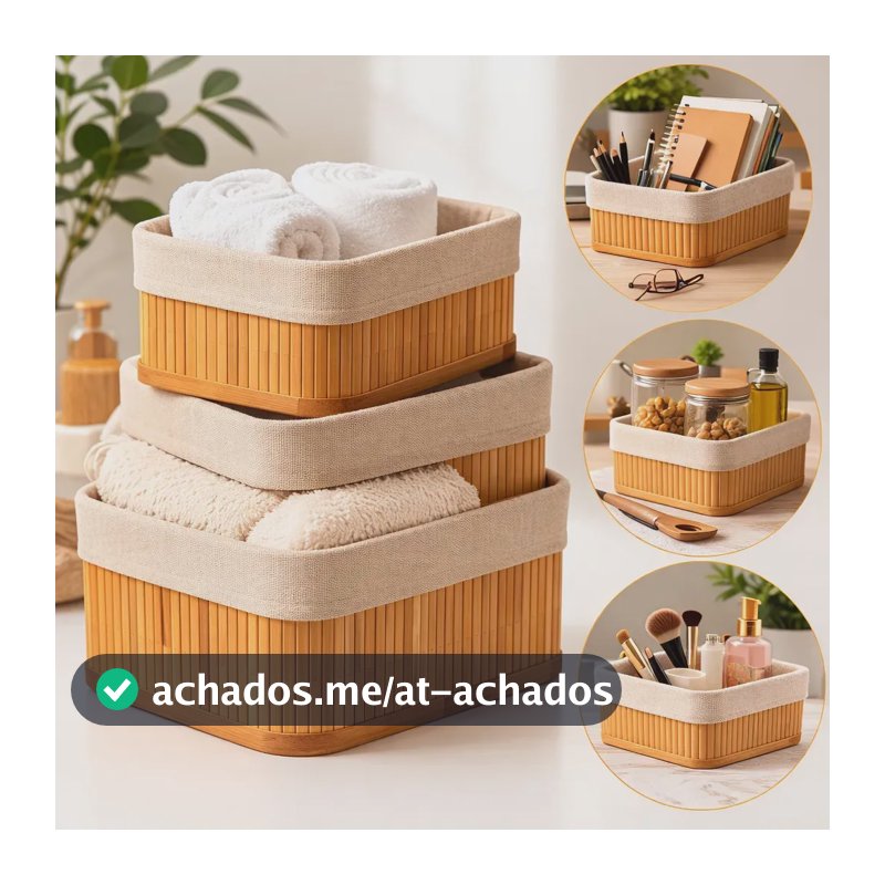 Kit 3 Cestos Organizadores de Bambu Retangulares com Forro Lavável Multiuso Organizar Casa Banheiro Cozinha Guarda-Roupa Lavanderia Armazenamento de Objetos - Nany Pink