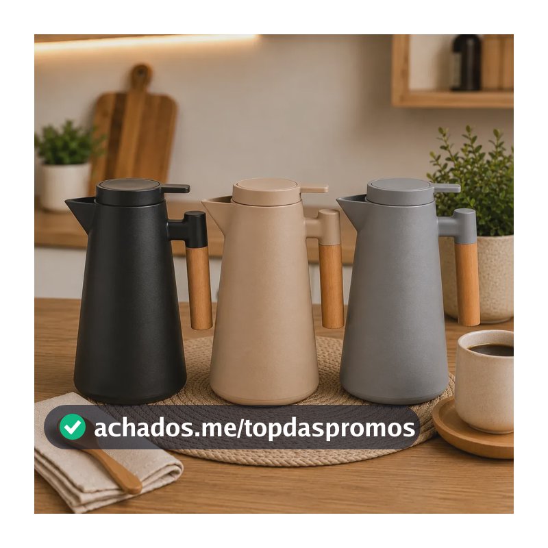 Garrafa Térmica Café 1 Litro Nórdica Cabo Madeira Mesa Posta Cinza