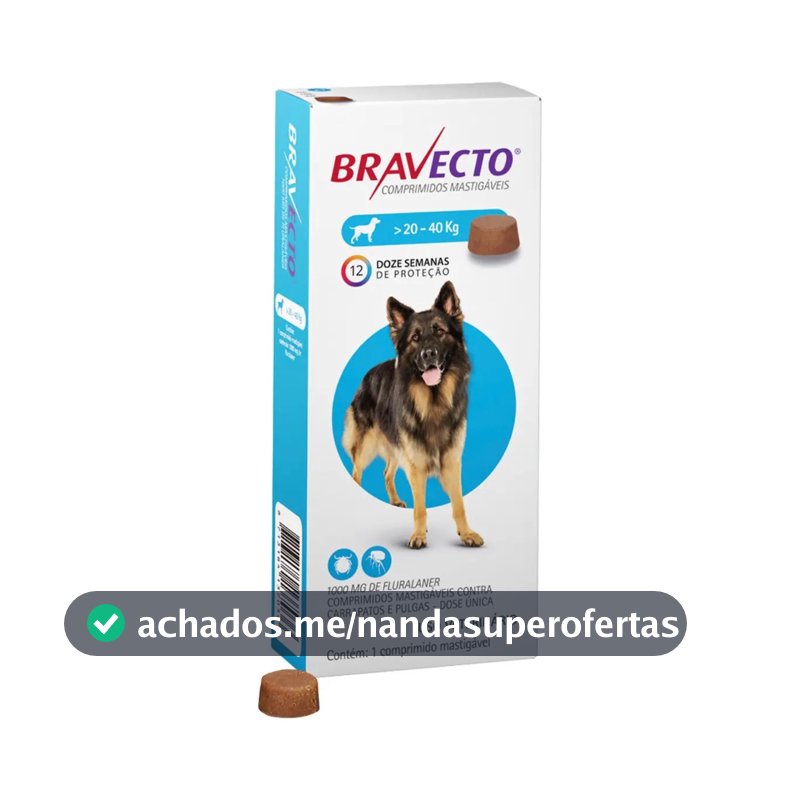 Bravecto Cães 20-40kg 1000mg 1 Comp. Mastigável Msd Azul