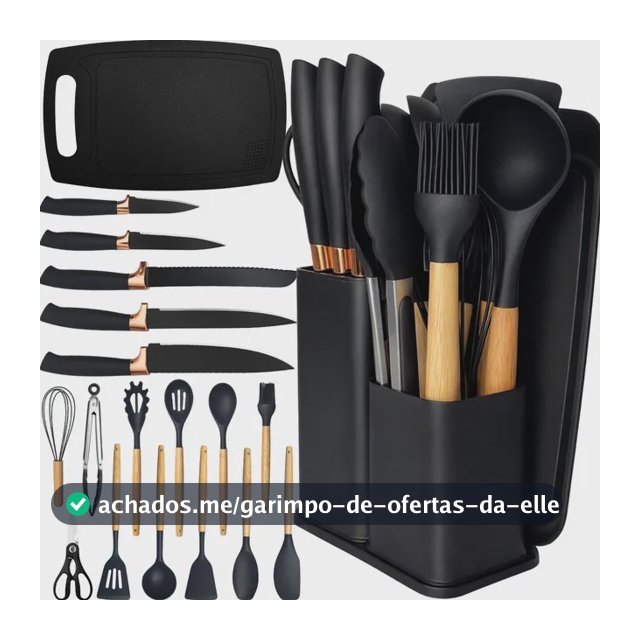 Kit Utensílios Silicone C/ Cabo De Madeira E Facas Em Inox