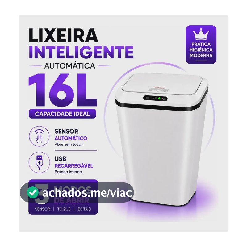 Lixeira Inteligente Automática 16L Sensor Infravermelho Recarregável USB-C 3 Modos Tampa Touch Banheiro Cozinha