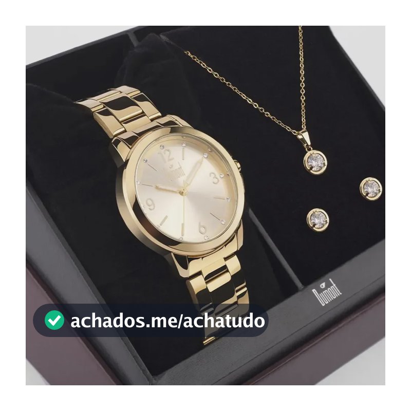 Kit Relógio Dumont Feminino Dourado Prova Dágua E Semi Joia
