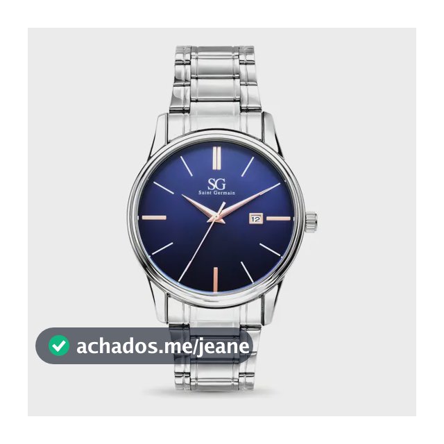 Relógio Masculino Clássico Pulseira Prata Correia Prateada Bisel Prateado Fundo Azul Marinho Saint Germain 42mm Elegante Detalhes Bronze