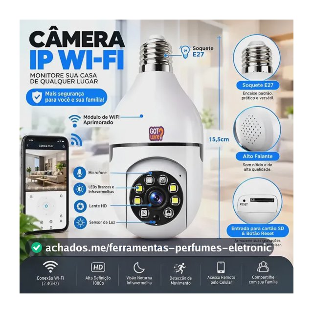Câmera Lâmpada de Segurança Wifi 360º Infravermelho GotWire IP44 Full Hd 1080p Interna Externa Com Sensor de Movimento Inteligente