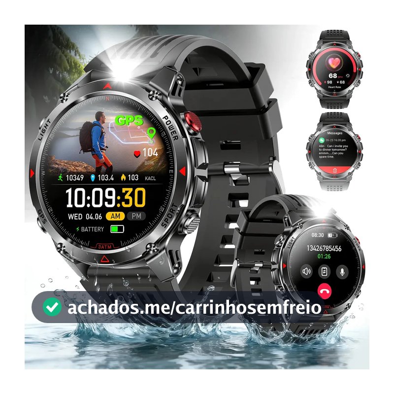 Relógio Inteligente Smartwatch GPS Autônomo À prova d'água 3ATM NOVANTE Masculino Feminino Esportivo Digital 530mAh Preto Bluetooth Chamadas Notificações Instantâneas Android IOS Com Lanterna Bússola