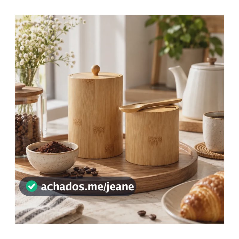 Kit 2 Porta Tempero De Bambu Com Tampa E Colher Cozinha Mesa Palha