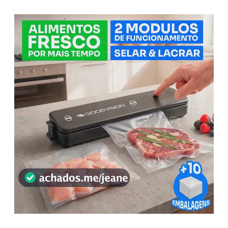 Seladora A Vácuo Para Alimentos Portátil Domestica Com 10 Sacos Digital 20cm Desligamento Automático Potencia 90w Bivolt Cor Preta - Good Vision