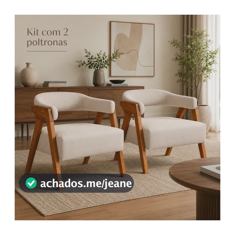 Conj 2 Poltronas Veneza  Madeira Maciça Linho Cor Bege Bege Linho