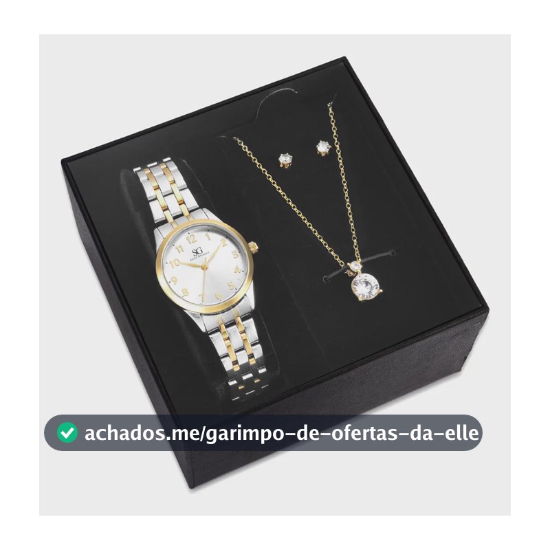 Kit Relógio Colar e Brincos Ponto De Luz Dourado e Prateado Feminino Luxo Saint Germain 28mm