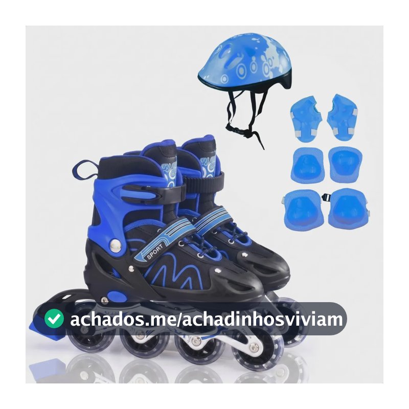 Patins Infantil Ajustável 4 Rodas Inline Roller Kit Proteção Azul- (p)