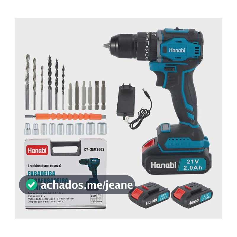 Parafusadeira Furadeira de Impacto Hanabi Brushless Sem Escova 45NM 25 níveis de ajuste 21v 2 Baterias Sem Fio Frequência 60hz 110v/220v (bivolt) Bateria Pardrao Makita