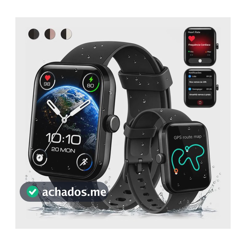 Relógio Inteligente Smartwatch GPS Autônomo Chamadas Bluetooth NOVANTE Moda Digital Feminino Masculino Esportivo Preto IP68 3ATM Agua Tela Hd 1.85 350mAh 10Dias Android IOS Com Monitoramento de saúde