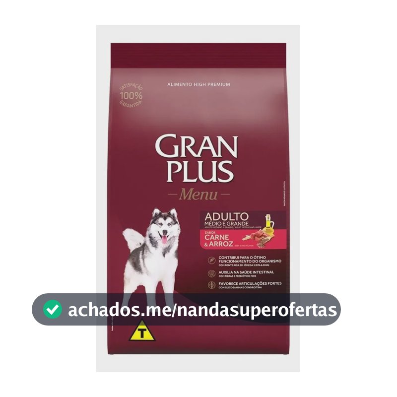 Ração Gran Plus Menu Cão Adulto Médio e Grande Carne Arroz 15kg