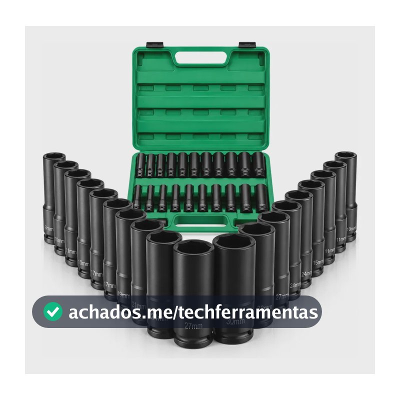 Jogo Soquete Longo Sextavado Impacto 1/2 8 A 32 Mm 15pcs Preto vlx jogo Soquete Longo Sextavado Impacto 1/2 8 A 32 Mm 15pcs