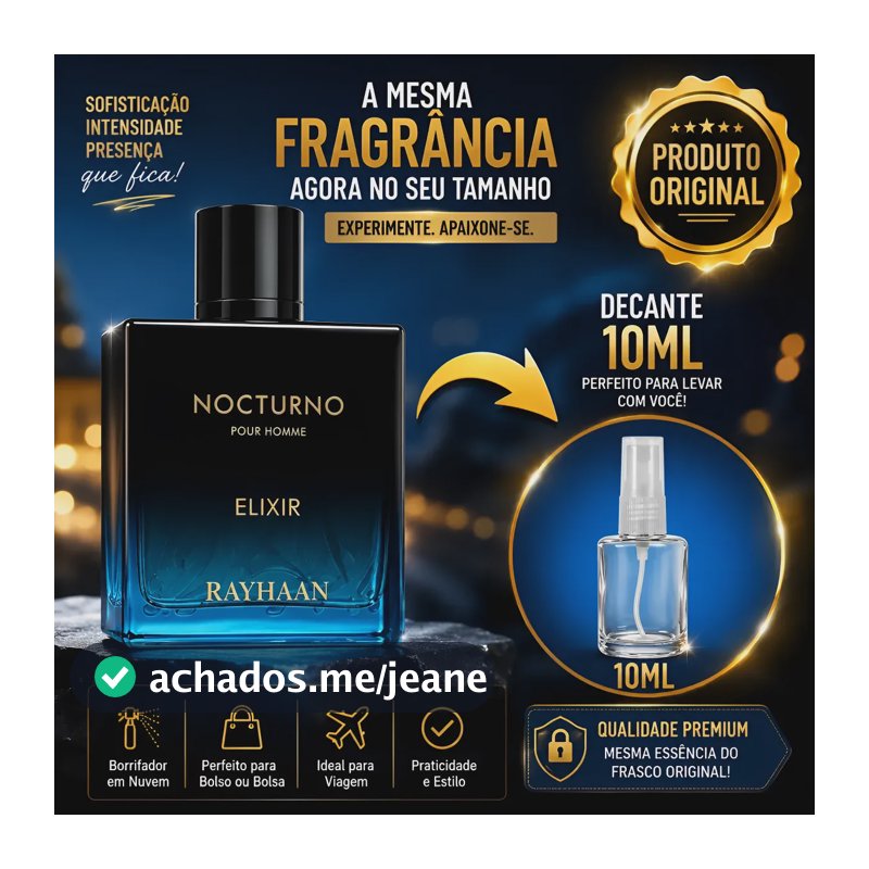 Perfume Rayhaan Nocturno Elixir 10ml Masculino Cheiroso