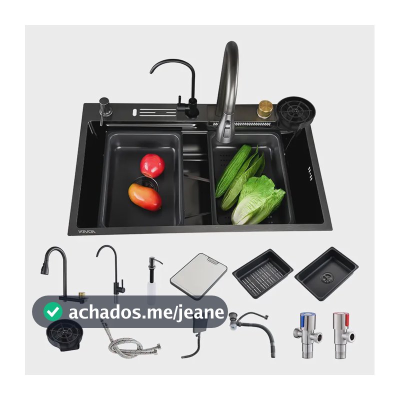 Cuba Pia de Cozinha Gourmet Inox 304 Preta Estação de Trabalho Com Torneira Extensível Lavador de Copos Tábua e Torneira Filtro WINDA