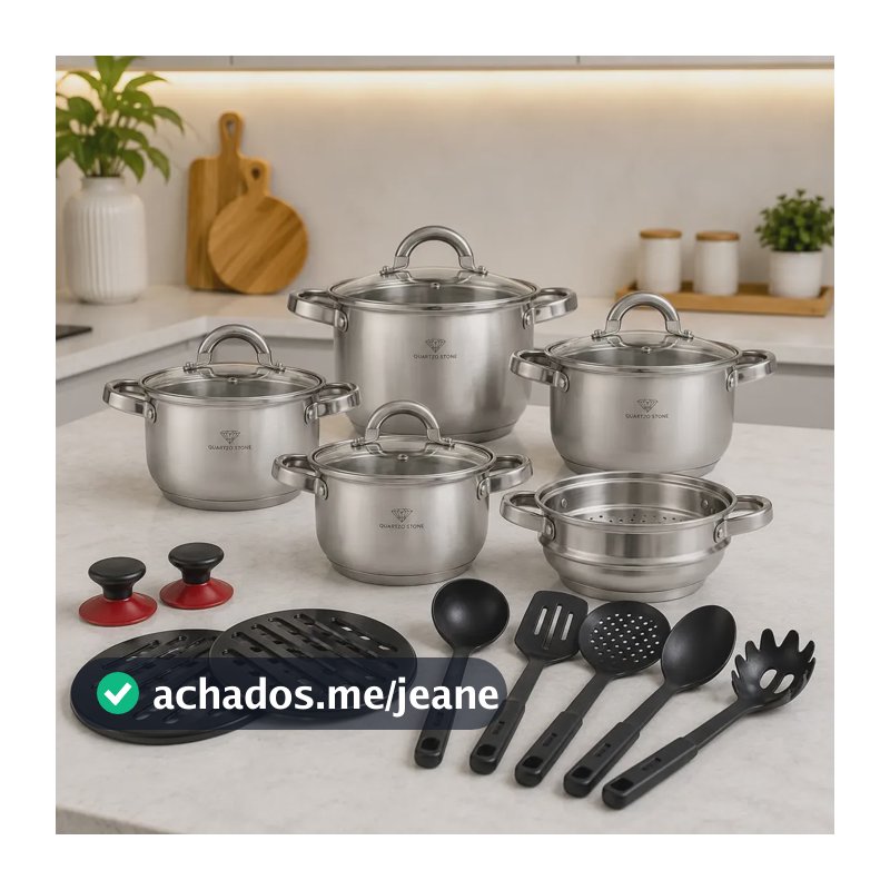 Jogo Panelas Inox 19 Peças Genebra Completo C/ Utensílios Prateado