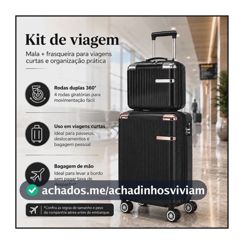Conjunto Mala Bordo E Frasqueira Para Viagem Pequena 10kg Roda Dupla 360° Zíper Expansível Preto F85