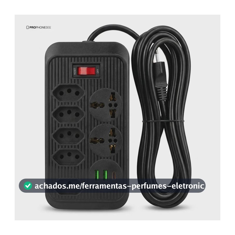 Extensão Elétrica 5 Tomadas 2 USB 1 Tipo C Pd Filtro de Linha com Proteção de Sobrecarga Tomada Universal Tripolar Cabo 5 metro Régua Energia Com Interruptor De Segurança Protetor De Surto Bivolt