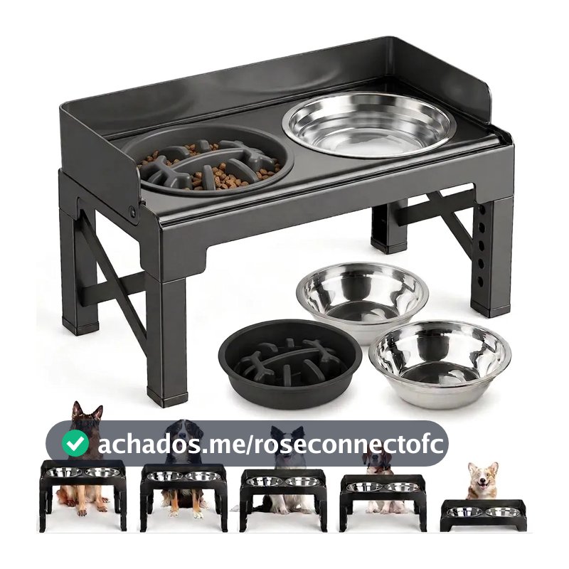 Comedouro Bebedouro para cachorro caes pets elevado Duplo inox tijela antiderrapante com regulavel com aço inoxidável para buldogue com ajuste de altura suporte 8cm 31cm com Proteção contra respingos
