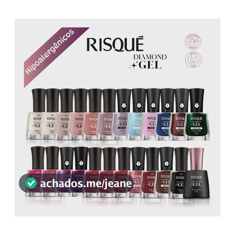 Esmalte Diamond Gel Risqué Kit 23 + Top Coat Hipoalergênico Vermelho Rosa Lilás Azul Branco