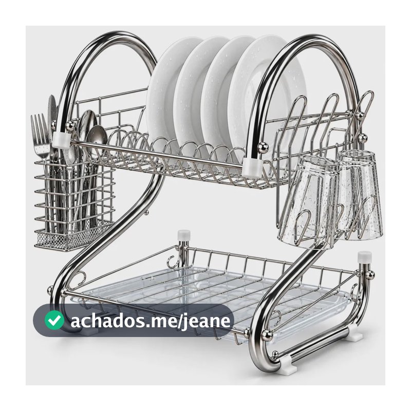Escorredor de Louça Duplo CASA DEMELY de Aço Inox para Pia, com Bandeja Coletora, Porta Talheres e Porta Copos