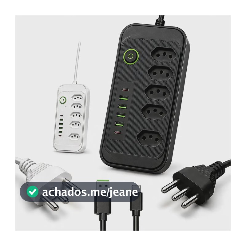 Extensão Elétrica 5 Tomadas 6 Usb 2500w Régua Bivolt Cabo 2m Preto-5tomadas/4usb-a/2usb-c 127/220v