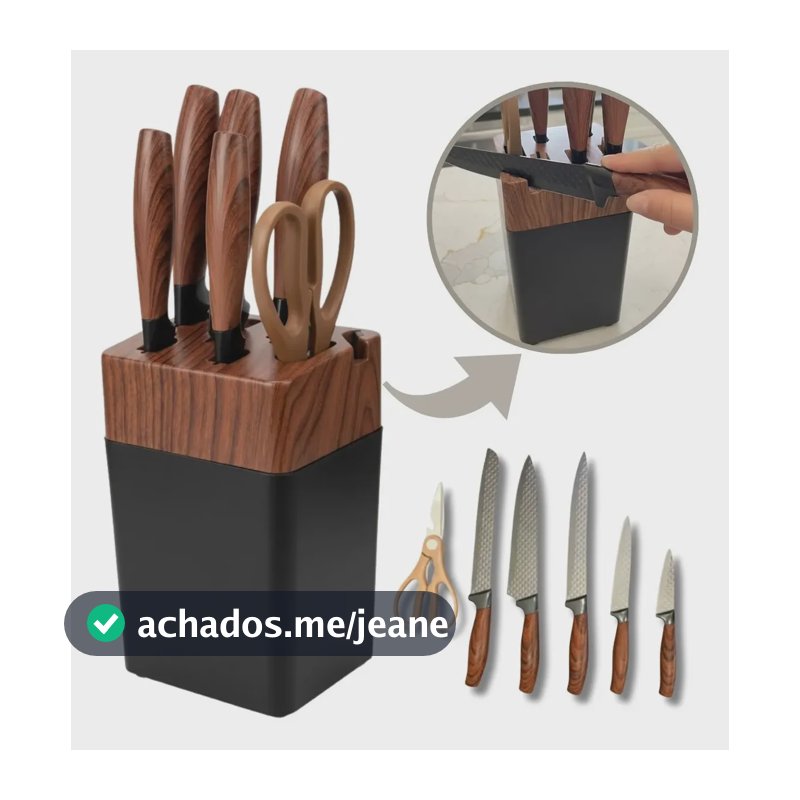Jogo De Facas Com 7 Peças Em Aço Inox E Suporte De Madeira