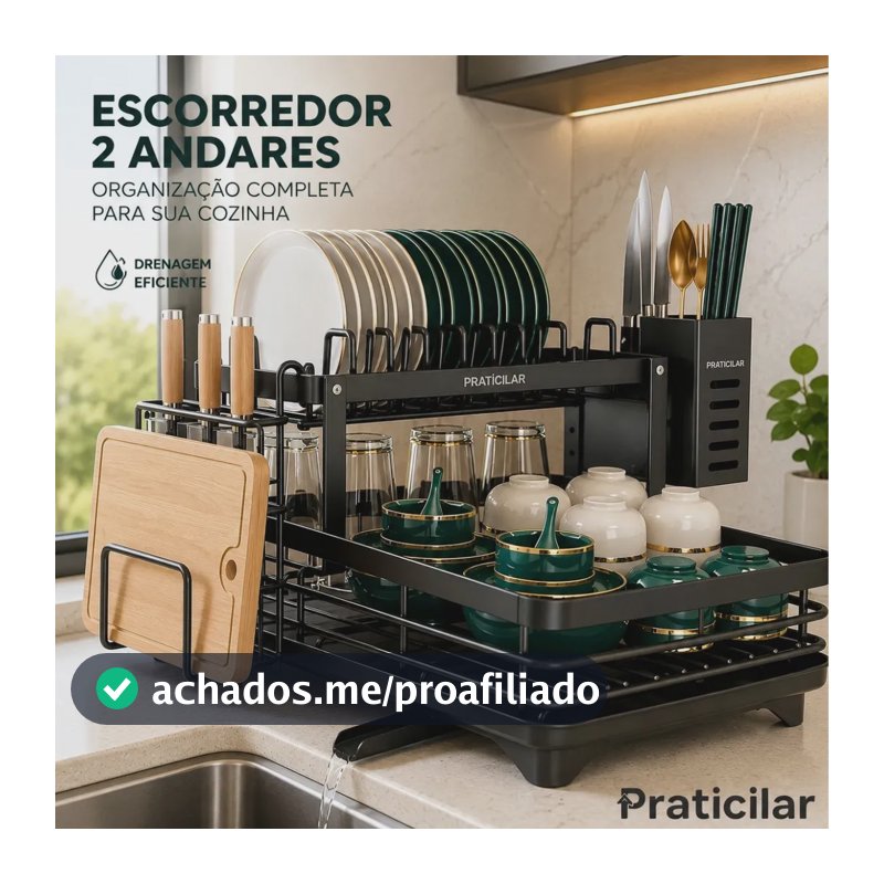 Escorredor De Louça Secador De Pratos Cozinha Aço Inox Preto 2 Andar Porta Talher Tigela E Copos Praticilar