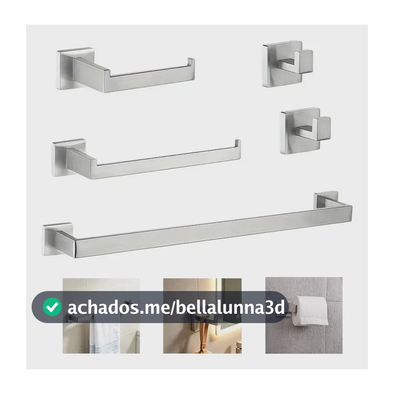 Kit 5 Pcs Inox Banheiro Acessório Luxo Prata Fosco Quadrado