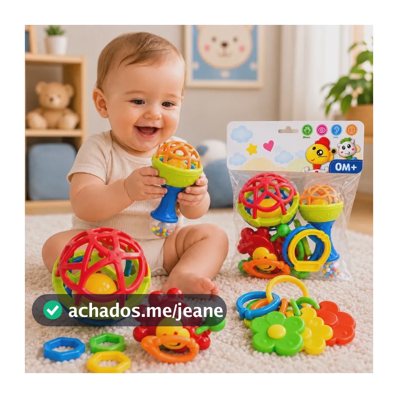 Chocalho Mordedor Kit 8pçs Brinquedo Colorido Sensorial Baby Sortido Infantil