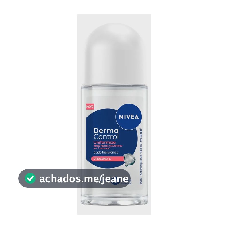 NIVEA Desodorante Antitranspirante Roll-on Derma Control Uniformiza 50ml, BBB 26, Proteção 72h, Reduz Marcas Escurecidas, Ácido Hialurônico, Pele Uniforme