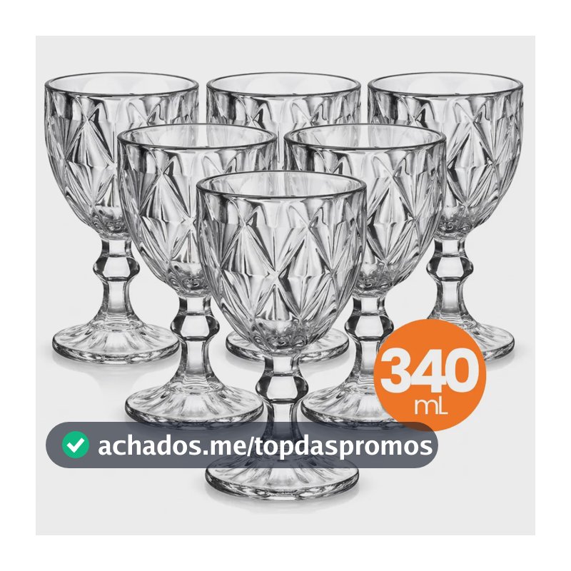 Jogo 6 Taças Vidro Diamond 340ml Conjunto Mesa Posta Água Suco Cozinha Decoração Presente