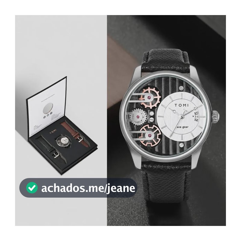 Relógio Tomi Masculino Social Com 2 Pulseiras De Couro Pu, T106-3 Analógico E Data Preto E Marrom Prateado Preto