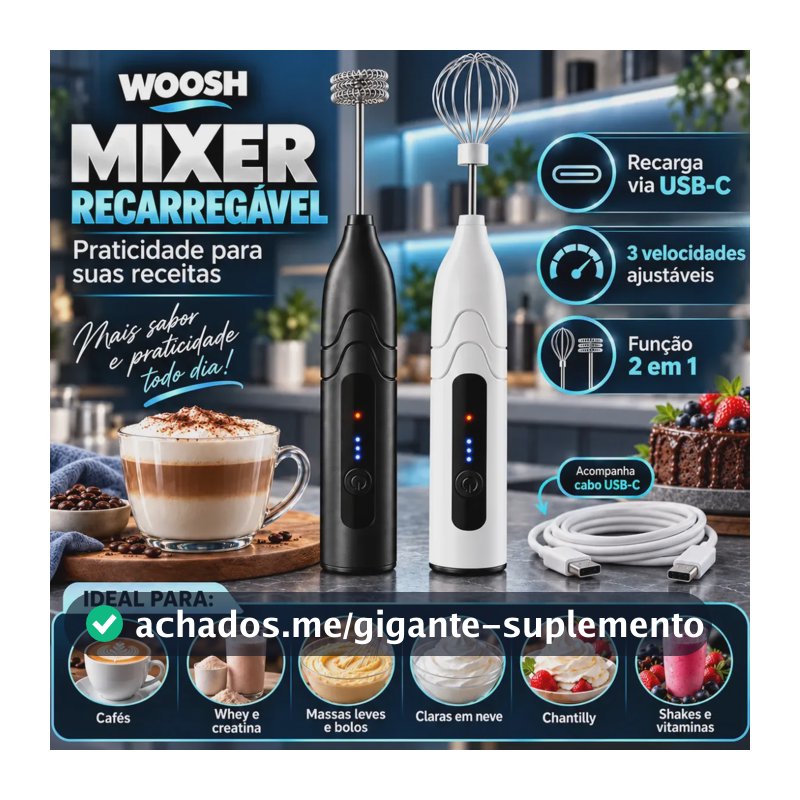 Mixer Elétrico Portátil 2 em 1 Recarregável Potente Misturador de Bebidas e Ovos 3 Velocidades Usb Batedor e Fue Fouet Woosh