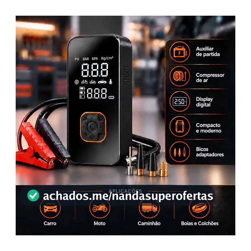 Auxiliar de Partida Bateria Carro com Compressor de Ar Portátil 12V Calibrador Digital Pneu Inflador Veicular Emergência Automotivo para Moto SUV Caminhonete Pickup Hardline