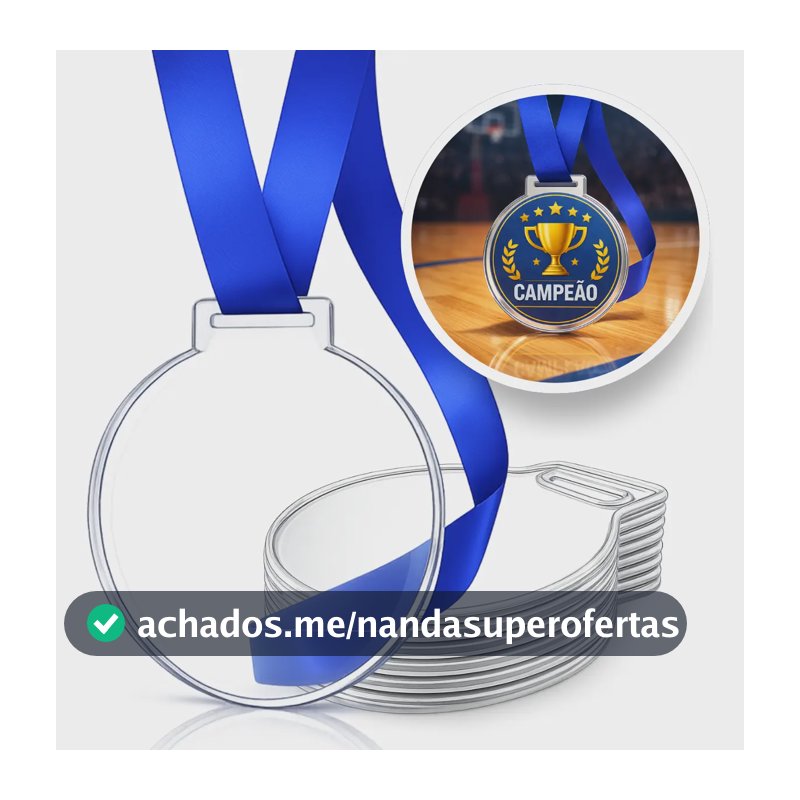 Medalha Acrílico Cristal Kit 50 Un - 5cm 2mm C/ Fita Azul