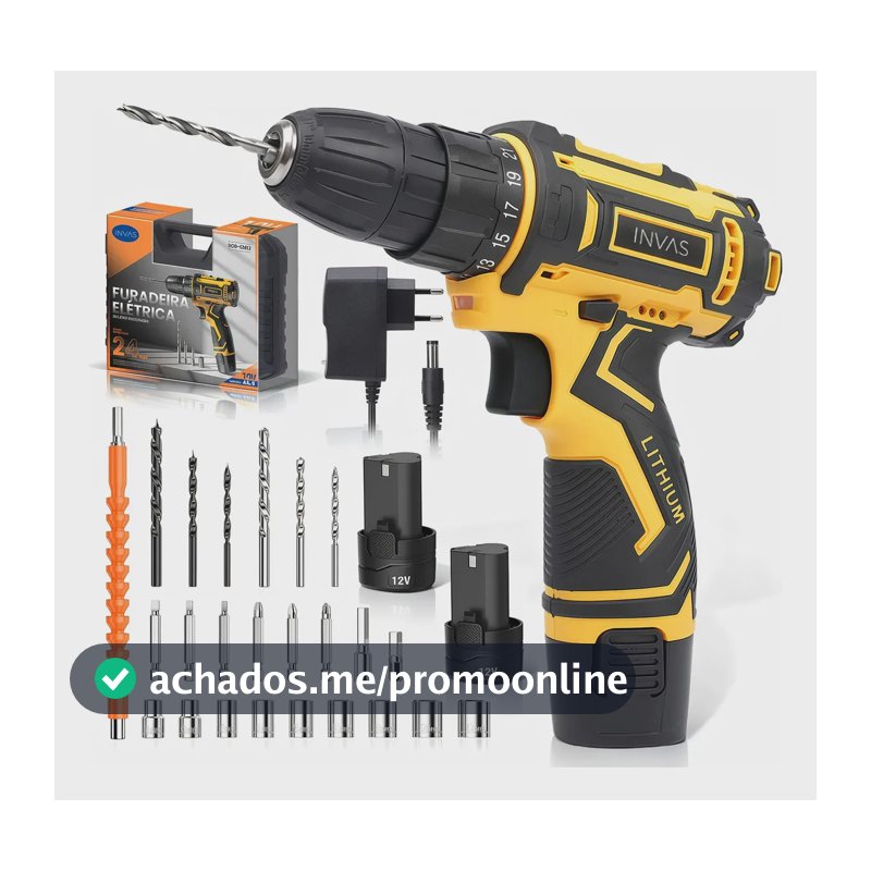 Parafusadeira Furadeira Inova 12V Com 2 Baterias e Maleta de Acessórios Amarelo
