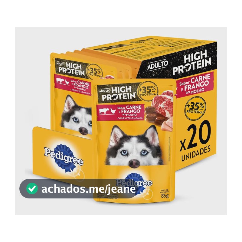 Pack Ração Úmida Pedigree High Protein Cães Adultos Sachês Carne e Frango 85g - 20 unidades