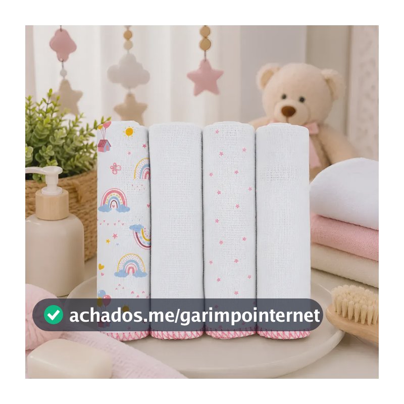 4 Pano De Boca Bebê Fralda 34cmx34cm Enxoval Toalha Algodão Arco Íris Rosa