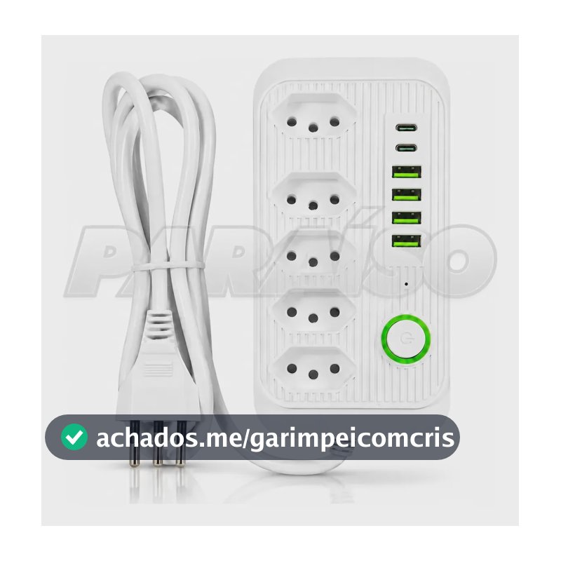 Extensão Paraíso Elétrica com 5 Tomadas, 4 USB e 2 Tipo C, Cabo de 2m