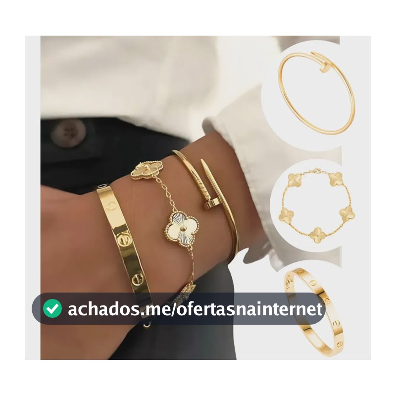 Kit 3 Pulseiras Bracelete Feminino Trevo Love Prego Aço Inox Banho de Ouro 18k Banhada Dourado Dourada Pulseira Feminina Braceletes Semijoia Folheada Luxo Presente Moderno Bauer Atelier