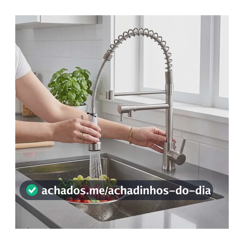 Torneira Monocomando de Cozinha Ducaly Flexível 360° para Bancada, com Jato Direto e Spray em Aço Inoxidável